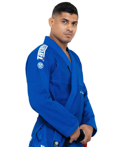 Kimono de BJJ Tatami Superlite azul con cinturón blanco